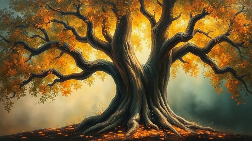 Un grand arbre aux feuilles dorées dans une lumière chaude